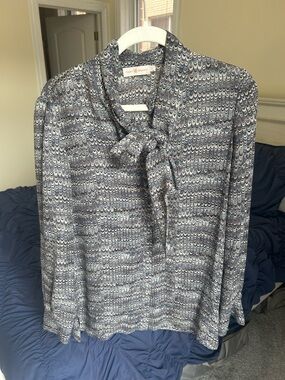 Tory Burch Tie Bow Gray Marble Print Silk Buttondown Blouse size 8